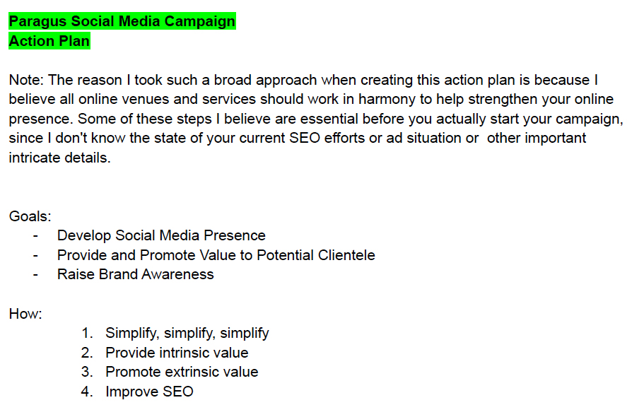 Social media action plan sheet created for an I.T. company